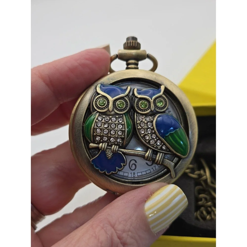 NIB 79004 Invicta Goldtone Owl Pocket Watch. Blue/Green Enamel, Crystals,Chain.